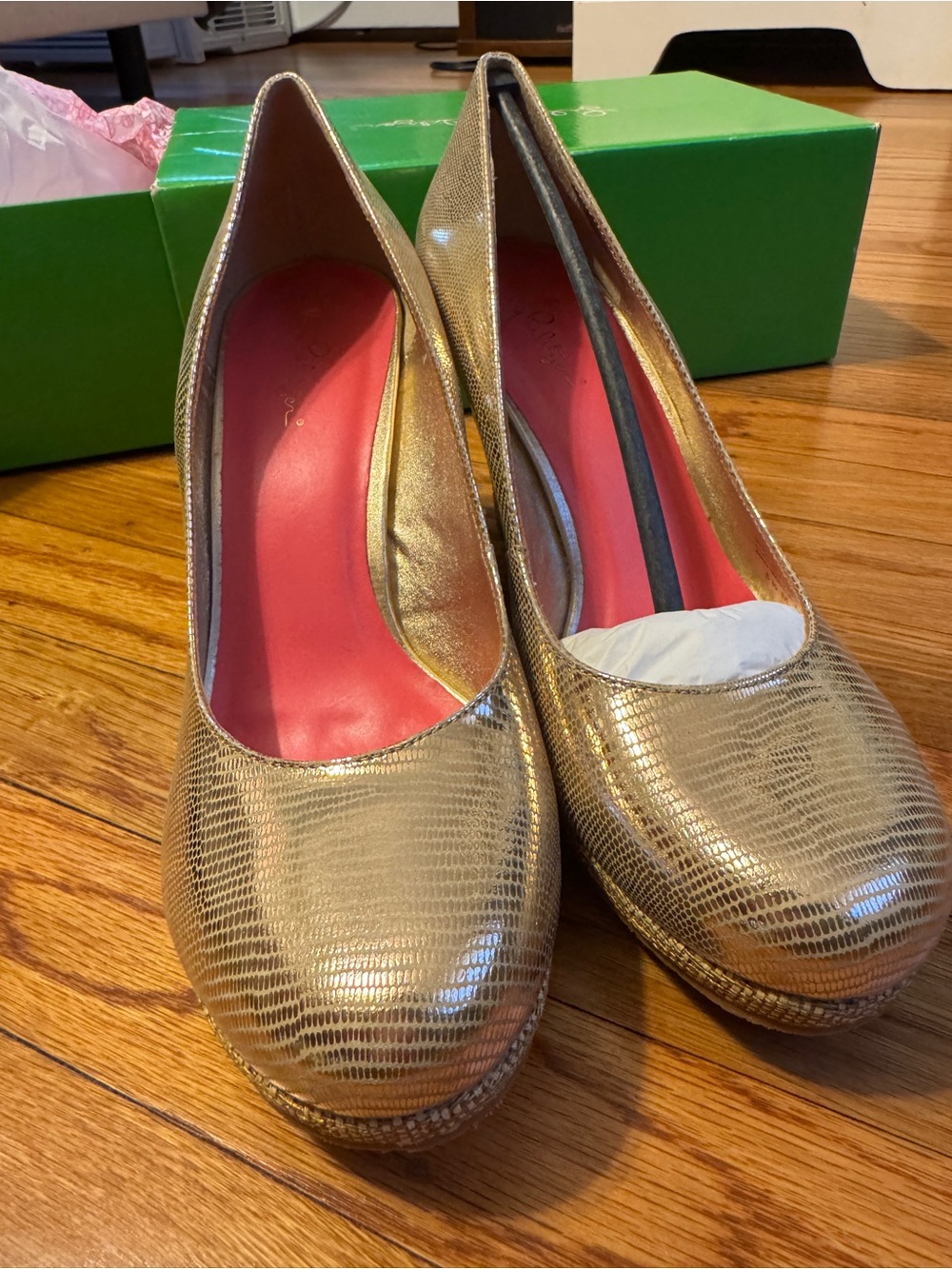 Lilly Pulitzer Gold Metallic Round-Toe Wedge Pumps